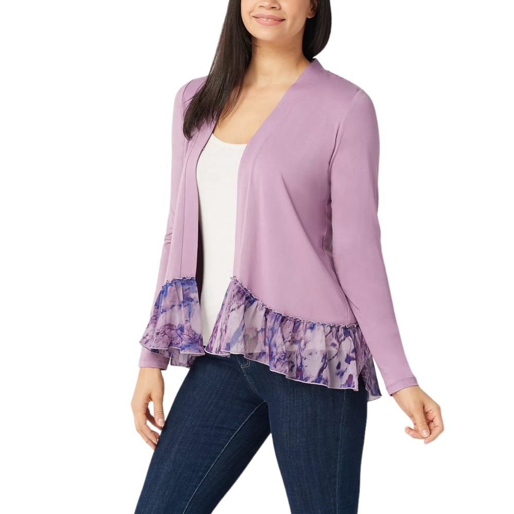 LOGO by Lori Goldstein Cardigan with Ruffle Printed‎ Hem. Size XL
